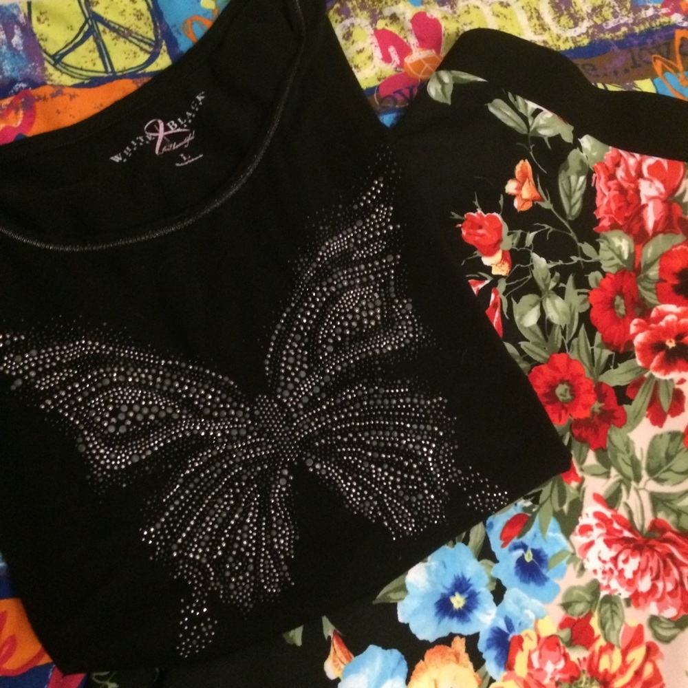 Outfit. Black butterfly tee and floral skirt
